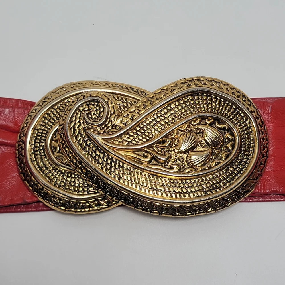 Leather Shop Vintage 80s Red Cinch Belt with Gold Metal Paisley Clasp, EUC, sz M